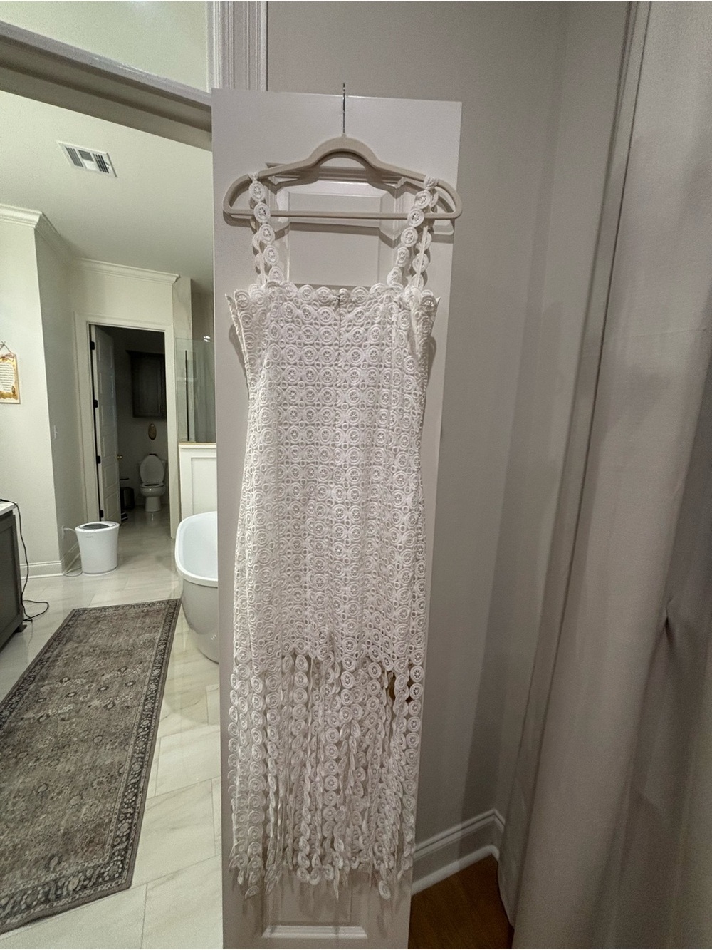 Women's White Crochet Midi Dress with Fringe